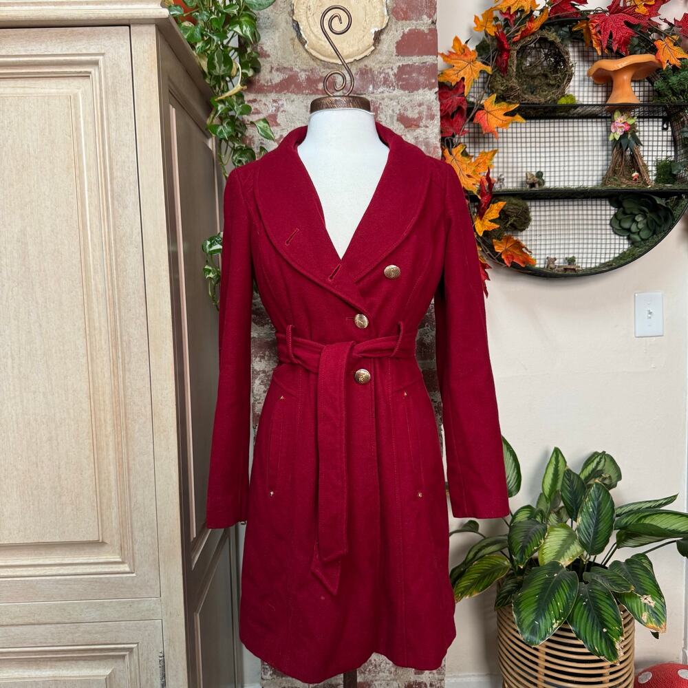 Y2K GUESS Red Wool Trench Coat with Branded Gold Buttons Small
